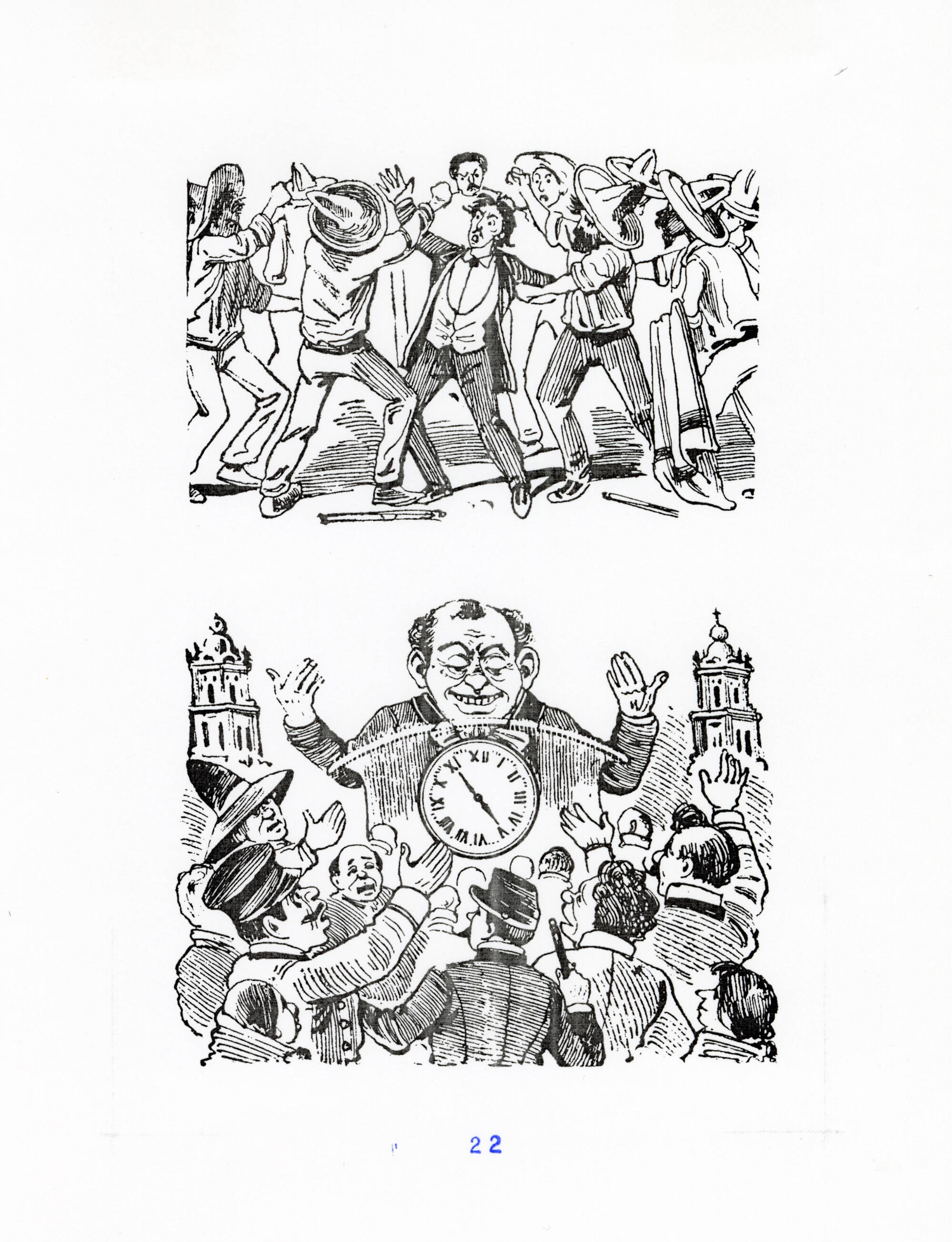 Black and white print with two images. Top image is of a man in a crowd. Bottom is of a man with a closk standing above a crowd of people.
